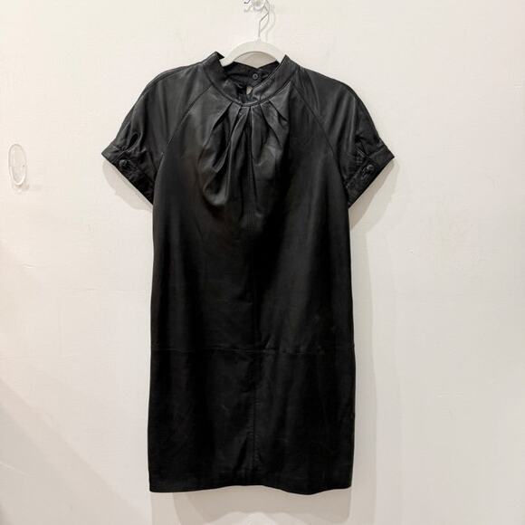 Zara Dresses & Skirts - Zara Short Sleeve Pleated Trim High Neck Leather Mini Dress Black Women's Size M